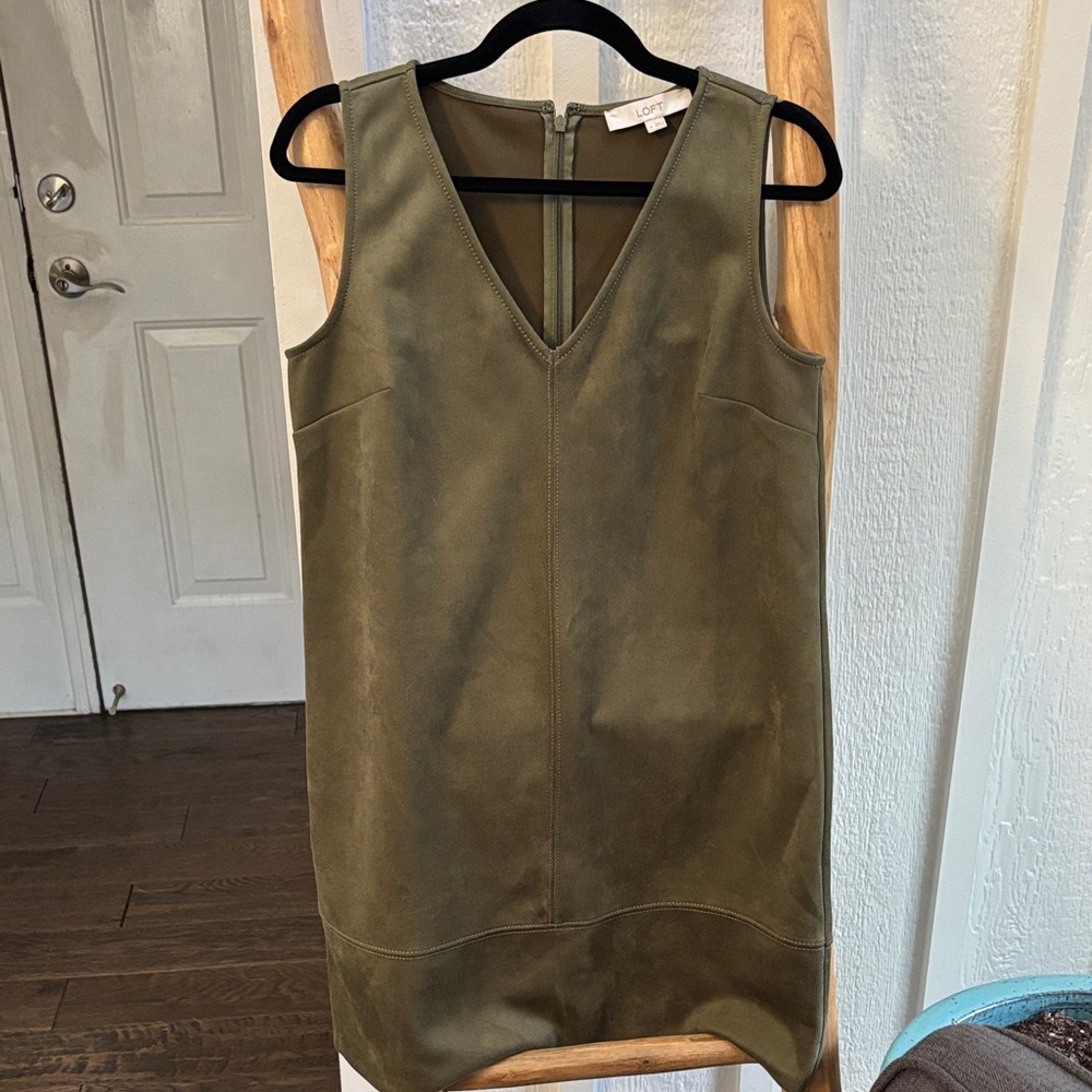 LOFT Olive Faux Suede V-Neck Mini Shift Dress - Picture 2 of 5
